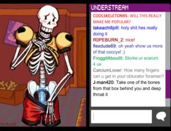 1boy 2015 animated_skeleton blue_penis blush bone clothing english_text erection front_view humanoid inside male male_only papyrus penis plus5pencil see-through see-through_penis skeleton solo streaming text undead undertale undressing video_games