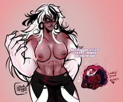 2girls breasts carmilla_carmine hawkeyyee hazbin_hotel large_breasts multicolored_hair multiple_girls pierced_nipples piercing sweat topless velmilla velvette_(hazbin_hotel)