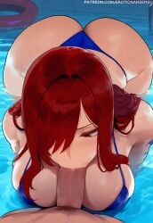 1female 1girls ai_generated artist_name artist_signature bikini bj blowjob emblem erotic_nansensu erza_scarlet fairy_tail female kodansha light-skinned_female light_skin long_hair long_hair_female pale-skinned_female pale_skin red_hair red_hair_female red_head sole_female swimsuit swimwear watermark wizard