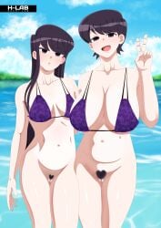 2girls bikini bikini_top bikini_top_only black_eyes black_hair bottomless breast_envy breasts daughter facing_viewer h-lab huge_breasts komi-san_wa_komyushou_desu komi_shouko komi_shuuko medium_breasts mother mother_and_daughter mother_daughter_boob_envy_(meme) multiple_girls swimsuit v