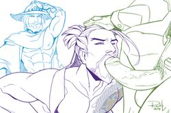 3boys anal_penetration anal_sex bara beard cole_cassidy color cowboy_hat curved_penis digital_media_(artwork) exposed_nipples facial_hair fellatio fuck_and_suck gay genji group_sex half-closed_eyes hand_on_head hanzo_shimada holding_hat incest line_art male male_only multiple_boys muscles oral_sex overwatch partially_colored serape sex sketch smile spitroast suck_and_fuck sucking tattoo threesome veiny_penis white_background yaoi