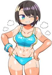 abs alternate_costume black_hair blue_eyes blue_sports_bra breasts cleavage collarbone female grin hands_on_own_hips hololive kanikama large_breasts looking_at_viewer navel one_eye_closed oozora_subaru parted_lips short_hair simple_background smile solo sports_bra sweat tan tanlines teeth virtual_youtuber white_background