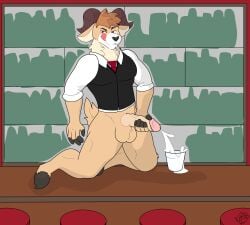 absurd_res anthro bar barman beverage bodily_fluids bottomless bottomless_male bovid caprine clothed clothing cum cum_in_a_cup cum_in_container cumshot ejaculation genital_fluids genitals goat hi_res karurvn kneeling male mammal masturbation penis smile smirk solo tail