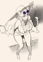 1girls areolae_slip arknights big_breasts big_penis combos-n-doodles female female_focus grabbing_penis huge_breasts large_breasts monochrome original partial_male penis platform_footwear platform_sandals sandals straight tagme utage_(arknights) veiny_penis