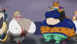 anthro background_sex beryl_(draco_mightyena) big_breasts black_mage_(job) breasts clothed clothing coeurl duo female final_fantasy group hi_res huge_breasts huge_hips hyper hyper_breasts hyper_hips laboratory magic_user male male/female nu_mou overweight overweight_female pandora_(draco_mightyena) sex square_enix white_mage_(job) wide_hips