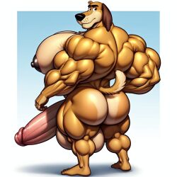 ai_generated balls bara brown_fur bubble_butt canine dukey huge_balls huge_cock huge_muscles humanoid_penis johnny_test_(series) muscular muscular_male nipples rear_view stable_diffusion tail