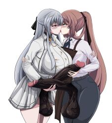 2futas balls big_balls breasts brown_hair clothed clothing dark_penis duo erection frottage futa_only futanari grey_hair hand_on_penis hasuyog huge_cock human kissing light-skinned_futanari light_skin long_hair mostly_clothed penis red_hair standing