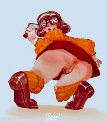 1girls anus ass female glasses hanna-barbera magnifying_glass miniskirt no_panties no_underwear pinafore_(artist) pubic_hair pussy pussy_juice_drip scooby-doo shoes skirt socks solo sweater upskirt velma_dinkley