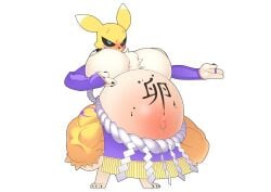 absurd_res bandai_namco big_breasts blush bodily_fluids body_writing breasts digimon digimon_(species) female furry furry_only hi_res huge_breasts hyper hyper_pregnancy ink pasties pr-egg-nant pregnant pregnant_female renamon solo sumo sumo_wrestler sweat text translated