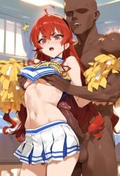 1boy 1girls ai_generated breast_grab cheerleader cheerleader_uniform dark-skinned_male eris_greyrat geosan interracial light-skinned_female looking_at_viewer mushoku_tensei penis red_eyes red_hair straight