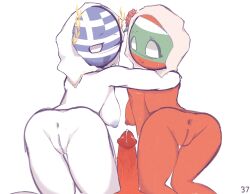 1boy 2girls 2girls1boy anus arm_around_neck ass_focus big_breasts breasts bulgaria_(countyhumans) countryhumans countryhumans_girl cum flower flower_on_head greece_(countryhumans) headwear looking_at_viewer looking_back male nipples on_knees one_arm_up one_eye_closed open_mouth penis pussy red_body sleepserumm sweatdrop thick_thighs white_body wink