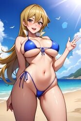 1girls ai_generated alexis_rhodes beach_background bikini blonde_hair blush breasts brown_eyes cape female hi_res khenai long_hair looking_at_viewer navel pose solo summer sweatdrop teenage_girl tenjouin_asuka voluptuous yu-gi-oh! yu-gi-oh!_gx