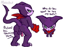 abonzabay anthro anus ass balls bandai_namco barefoot butt_focus claws clothing dialogue digimon digimon_(species) digital_drawing_(artwork) digital_media_(artwork) feet frown genitals gloves handwear hi_res imp impmon male nude penis rear_view solo tail viewed_from_above