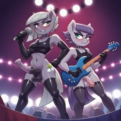 2futas ai_generated futanari guitar latex limestone_pie_(mlp) maud_pie_(mlp) my_little_pony performance thighhighs