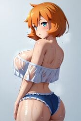 ai_generated aqua_eyes ass back bangs bare_shoulders bikini blue_bikini blue_eyes blue_shorts blue_swimsuit blush breasts clothing cowboy_shot crop_top curvaceous denim denim_shorts female female_only frilled_bikini frilled_swimsuit frills from_behind game_freak green_eyes huge_ass huge_breasts kasumi_(pokemon) large_ass large_breasts looking_at_viewer looking_back misty_(pokemon_hgss) nintendo off_shoulder open_mouth orange_hair pokemon pokemon_gsc pokemon_hgss see-through shiny shiny_skin shirt short_hair short_shorts shorts sideboob simple_background solo sweat swimsuit thick_ass thick_thighs thighs water wet wet_clothes wet_shirt wide_hips