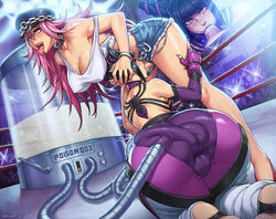 anal_insertion ass black_hair breasts capcom cleavage clothed cum cum_in_mouth cum_inside dickgirl fellatio female final_fight futa_on_futa futanari insertion intersex juri_han large_breasts long_hair oral peaked_cap penis pink_hair poison poison_(final_fight) sefuart shorts street_fighter tank_top