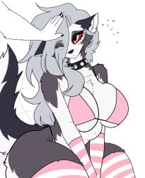 anthro anthro_only bikini cute demon demon_girl female female_focus female_only grey_hair hellhound helluva_boss james_andromeda loona_(helluva_boss) petting petting_head pink_bikini pink_stockings solo solo_female solo_focus stockings vortex_(helluva_boss) wolf wolf_girl