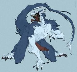 bodily_fluids claws dripping furry genital_fluids genitals hi_res kneeling ksejl male open_mouth penis precum precum_drip sergal sharp_teeth solo teeth tongue