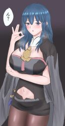 1girls :o arm_under_breasts bare_arms bare_midriff blue_eyes blush bodice breasts byleth_(fire_emblem) byleth_(fire_emblem)_(female) dagger fellatio_gesture female female_only fire_emblem fire_emblem:_three_houses fukufukushinken gesture heavy_breathing japanese_text large_breasts long_hair looking_at_viewer midriff navel nintendo pantyhose shorts solo teal_hair text thighs translation_request weapon