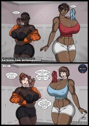 abs ahmara_(franktonius) aoi_(franktonius) big_ass big_breasts black_women body_part_swap breasts cleavage comic earrings eshe_(franktonius) fanart franktonius glasses gym gym_clothes gym_clothing gym_shorts head_swap headswap hoodie jan-hen jewelry large_breasts locker_room massive_breasts muscular muscular_female reality_warping retrosqueeze rivals skin_tone_mismatch speech_bubble sunglasses sunglasses_on_head sweat sweating tall_woman taller_female tight_clothes tight_clothing tight_pants tight_tank_top two-tone_skin