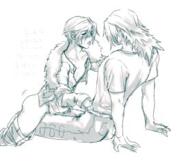 2boys blush final_fantasy final_fantasy_viii gay jacket_open japanese_text kingdom_hearts long_hair_male male_only pants_down selfcest squall_leonhart tongue_out yaoi