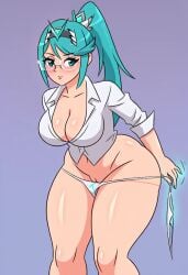 1girls ai_generated ai_style_imitation archdan_(style) archdan_style_ai artstyle_imitation blush cleavage female glasses pneuma pneuma_(xenoblade) removing_panties solo style_emulation style_imitation turquoise_hair underwear undressing vagina