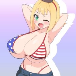 american_flag_bikini arms_behind_head arms_up big_breasts bikini bikini_top blonde_hair blush cleavage collarbone green_eyes huge_breasts looking_at_viewer oerba_yun_fang shirogane_hakuba shorts shortstack solo top_heavy wink