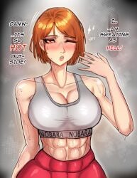 1girls abs big_breasts dialogue english_text female female_only highres isensio jujutsu_kaisen kugisaki_nobara large_breasts light-skinned_female lipstick red_eyes red_hair shirt sports_bra sportswear sweat sweatdrop sweating sweaty_body text