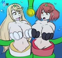 2girls arms_behind_back bare_shoulders blonde_hair blue_background breast_press coils collarbone eyebrows_visible_through_hair female female_only femsub gradient_background headdress hikari_(xenoblade_2) homura_(xenoblade_2) huge_breasts hypnosis hypnotic_tentacle jewelry long_hair maturegundam megagman mermaid midriff mind_control multiple_girls multiple_subs mythra mythra_(xenoblade) navel nintendo open_mouth pyra pyra_(xenoblade) red_hair restrained scubagundam seashell_clothing short_hair smile tentacle underwater xenoblade_(series) xenoblade_chronicles_2 yellow_eyes
