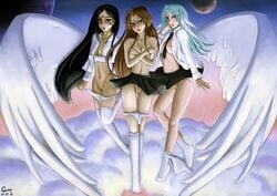 3girls angel_wings ansuz belldandy breasts clothing color covering_breasts facial_markings female goddess grinsekatze large_breasts long_hair looking_at_viewer milf mother mother_and_daughter multiple_girls oh_my_goddess! pale-skinned_female pale_skin panties pose shaved_pussy siblings sisters skirt skuld small_breasts trio