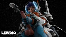 3d asian_female asian_futanari cock cock_focus erection fixed_version futa_only futanari holding_penis juno_(overwatch) lewdiq looking_at_viewer looking_down overwatch overwatch_2 purple_hair tagme watermark