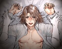 1boy bed blush disembodied_hand disembodied_hands final_fantasy final_fantasy_viii kingdom_hearts male male_only nipples pinned pinned_down pinned_to_bed scar shirt_open squall_leonhart tearing_up tongue_out yaoi