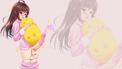 1futa balls blush condom cum cum_in_condom cum_inside cumshot dark_hair duck female full-package_futanari futa_only futanari intersex mofuringu panties pants_down penis pink_clothing plushie red_eyes solo_focus solo_futa uncensored wallpaper