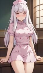 1girls ai_generated bare_legs blush cosplay female female_only fire_emblem fire_emblem:_three_houses kslgsnb looking_away lysithea_von_ordelia medium_breasts nintendo nurse nurse_cap nurse_uniform pink_clothing pink_eyes pixai shy shy_expression solo thighhighs white_hair