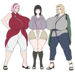 3girls adult_swim big_breasts black_hair blonde_hair boruto:_naruto_next_generations breasts breasts_bigger_than_head brown_eyes female female_only green_eyes huge_breasts hyuuga_hinata large_breasts milf multiple_girls naruto pink_hair polyphiai sakura_haruno toonami tsunade white_eyes