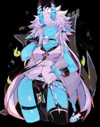 alternate_breast_size ass black_background black_choker black_necktie black_thighhighs blue_skin breasts choker cleavage colored_skin commentary_request cropped_legs cuffs demon_girl demon_tail female hair hair_over_one_eye hand_on_own_hip hand_up highres horns long_hair looking_at_viewer loose_necktie necktie parted_lips pelvic_curtain pointy_ears red_eyes shackles shirt single_thighhigh skin-covered_horns sleeveless sleeveless_shirt solo soukaku sparkle tagme tail thighhighs usa37107692 very_long_hair white_hair zenless_zone_zero