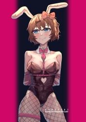 artist_name blue_eyes bondage doki_doki_literature_club fishnets hair_ornament hairbow just_sayori rabbit_ears rabbit_hole_(cosplay) rabbit_hole_(deco*27/caststation) rabbit_hole_(vocaloid) sayori_(doki_doki_literature_club) zrubyzart