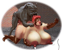 all_fours animal_genitalia animal_penis ass big_breasts breasts canine canine_penis elbow_gloves erection female female_on_feral feral from_behind_position gloves hair huge_breasts human human_on_feral interspecies lactation legwear male mammal mask milk mounting nipples open_mouth overweight penetration penis red_hair sex straight synthean thick_thighs thigh_highs zoophilia