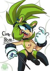 1girls anthro anthro_only blue_eyes bracelet breasts choker cosmicpussycat earrings female furry furry_only gloves green_skin leash nipple_piercing no_humans ponytail sega sharp_teeth sonic_(series) strap-on surge_the_tenrec thighhighs topless