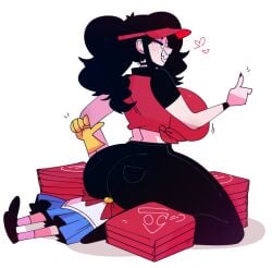 ass ass_on_face big_ass big_butt black_pants face_in_ass facesitting gats oc original_character pizza pizza_thot red_shirt sitting_on_person tips_(gats)