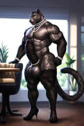 ai_generated amber_eyes anthro anthro_only arm_stockings big_penis black_panther bodybuilder casual_erection cock_ring cock_sleeve_(clothes) curvy erection fancy fancy_clothing feminine feminine_male furry furry_only high_heels indoors muscular muscular_male nai_diffusion nipple_rings pantherine pearl_bracelets pearl_necklace penis red_lipstick restaurant solo standing stockings stockings_only veiny_testicles your_date_tonight