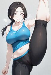 1girls ai_generated big_breasts blush eyelashes eyeliner female female_only huge_ass huge_breasts large_breasts mosin2 nintendo one_leg_up see-through_clothing smile solo splits sweat text thick thick_thighs vertical_splits white_skin wide_hips wii_fit_trainer