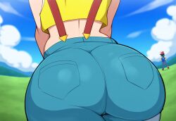 1boy ai_generated ass ass_focus dat_ass duo huge_ass kasumi_(pokemon) light-skinned_female light_skin mullon novelai outdoors overall_shorts overalls pokemon pokemon_(game) pokemon_rgby satoshi_(pokemon) shorts that_ass_was_fat