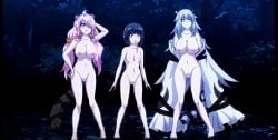 3girls anime_screencap black_hair breasts forest hyakkiya_tantei_jimusho_hyakkiya_hikari_no_youkai_jikenbo karada_de_kaiketsu_hyakkiya_tantei_jimusho long_hair long_tongue monster_girl multiple_girls naked nipples nude ova purple_hair screenshot short_hair tied_hair tongue white_hair