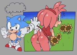 1girls 2024 amy_rose anthro anus ass bent_over blue_body blue_fur blush boobtardd bottomless bottomless_female breasts classic_sonic classic_sonic_(universe) clothed clothing clothing_lift dress dress_lift duo exclamation_point female flower fur genitals grass green_eyes grey_background hi_res looking_at_viewer male male/female medium_breasts no_underwear nude open_mouth pink_body pink_fur plant portrait pussy red_clothing red_dress sega simple_background size_difference sky sonic_(series) sonic_the_hedgehog sonic_the_hedgehog_(series) sunflower tagme tail thought_bubble three-quarter_portrait