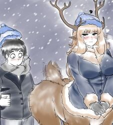 antlers blush imperiumdraws presenting_hindquarters snow snowing taur wagging_tail white_horn_(monster_girl_encyclopedia)