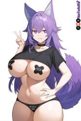 1girls :3 ai_generated big_breasts breast_sticker breasts collar crop_top curvy cute dog_ears dog_girl doggirl female female_only half_naked highres hips huge_boobs huge_breasts kemonomimi light_skin light_skinned_female long_hair nipples panties patreon_username peace_sign petgirl petite purple_ears purple_eyes purple_hair purple_tail standing stickers text_on_clothing thick_thighs thighs tori toriwoofs watermark wavy_hair white_background wide_hips wolf_ears writing