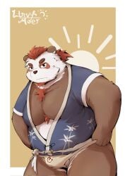 2024 anthro asian_clothing balls bear belly brown_body brown_fur clothing east_asian_clothing fundoshi fur genitals giant_panda hi_res japanese_clothing kemono linvf1 male mammal moobs overweight overweight_male simple_background solo underwear white_body white_clothing white_fundoshi white_fur white_underwear