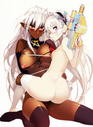 2girls ass bikini breasts butterfly_hair_ornament chaika_trabant cleavage detexted erect_nipples female full_metal_daemon:_muramasa gun hitsugi_no_chaika looking_at_viewer megane multiple_girls namaniku_atk nipple_slip nipples nude on_lap pointy_ears possible_duplicate sansei_muramasa small_breasts soukou_akki_muramasa swimsuit thighhighs thong underboob water_gun weapon yuri