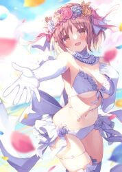 2d belly belly_button bikini breasts bridal_veil bride date_a_live gloves light-skinned_female pink_eyes pink_hair short_hair solo_female sonogami_rinne thighs